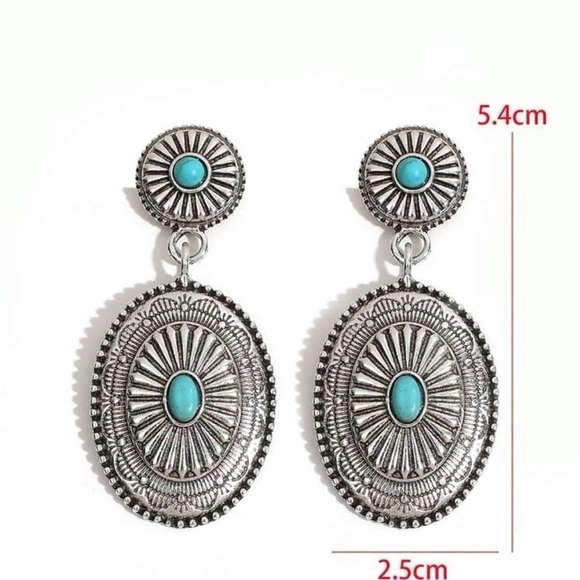 Cow Girl Turquoise Stone Silver Drop Earrings - Picture 7 of 14